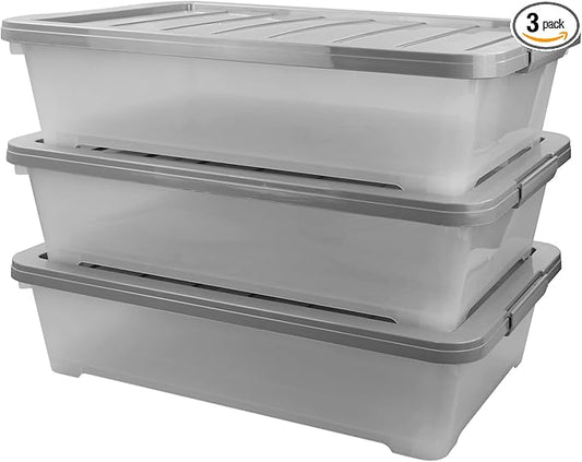 Teyyvn 3-Pack Clear Plastic Under Bed Storage Boxes, 40 Quart Under Bed Latching Box with Wheels