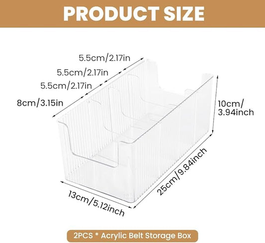 Acrylic Belt Organizer, 2 Pack Clear Stackable Belt Holder for Closet Drawer Storage 4 Compartments with Removable Dividers, Multi-Purpose Display Bins with Inserts for Ties,Socks