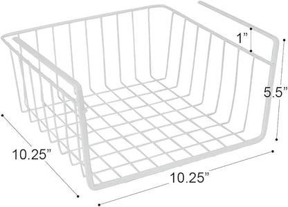 Modern Home Under Shelf Wire Storage Baskets – Hanging Organizer Rack for Cabinet, Pantry, or Closet – White Metal Basket for Kitchen, Towels, or Office – No Tools Required (Set of 4 10.25")
