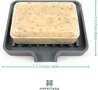 Happitasa Silicone Soap Dish Tray and Sponge Holder with Drain Chute, Pack of 2 | Bathroom and Kitchen Sink Organizer Caddy (Light Grey, 5.2"x4", 7.2 Ounces)