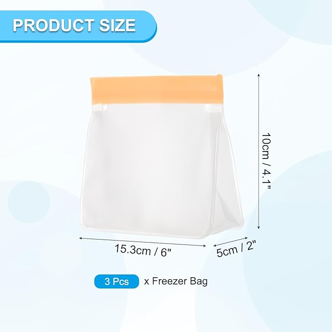 PATIKIL 6"x2"x4.1" Reusable Freezer Bag, 3 Pcs Leakproof Zip Food Storage Stand Up Bags Fridge Snack Vegetable Fruit Ice Container for Long-Lasting Freshness, Orange