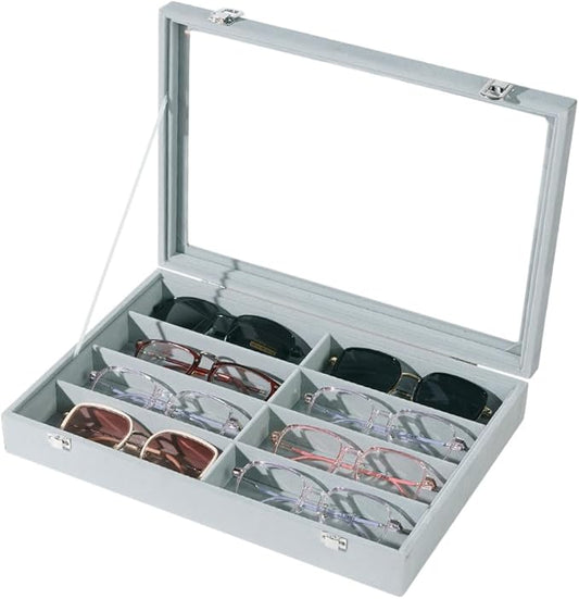 XHMQYC Glasses Holder Box Drawer Sunglass Organizer for Men Clear Wide Storage Case 8 Slots Multiple Reading Glasses Display, Gray Velvet With Clear Glass Lid