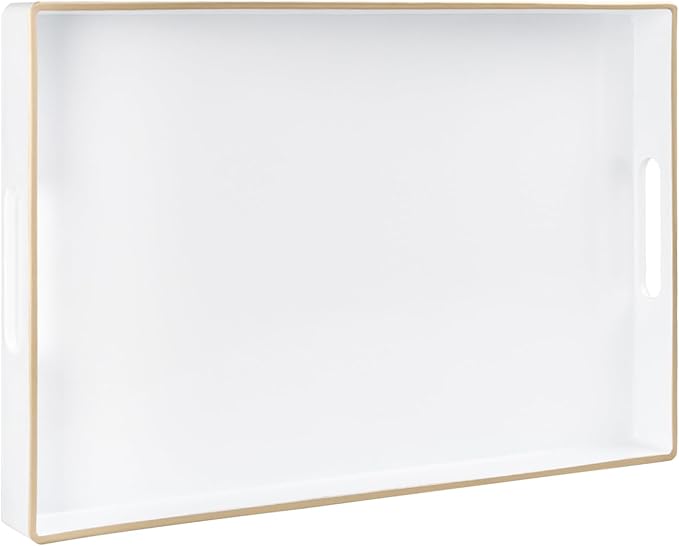 MAONAME White Decorative Tray for Coffee Table, Modern Serving Tray with Handles, Plastic Rectangular Tea Trays for Ottoman, Bathroom Decor, 15.8” X 10.2” x 1.4"