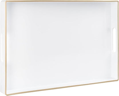 MAONAME White Decorative Tray for Coffee Table, Modern Serving Tray with Handles, Plastic Rectangular Tea Trays for Ottoman, Bathroom Decor, 15.8” X 10.2” x 1.4"