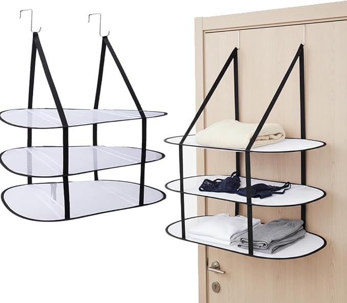 CINPIUK 3-Tier Sweater Drying Rack Over The Door, Foldable Mesh Hanging Dryer Flat with Hooks, Large Breathable Laundry Drying Hanger, Clothes Lay Flat Dryer for Apartments Dorms Bathrooms