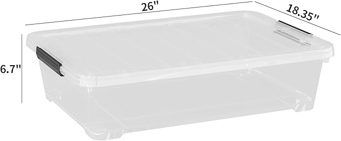 Uumitty 4Pack 40 Qt Plastic Under Bed Storage Organizer Bin Container with Secure Lids and Durable Wheels, Clear