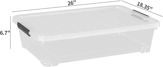 Uumitty 4Pack 40 Qt Plastic Under Bed Storage Organizer Bin Container with Secure Lids and Durable Wheels, Clear