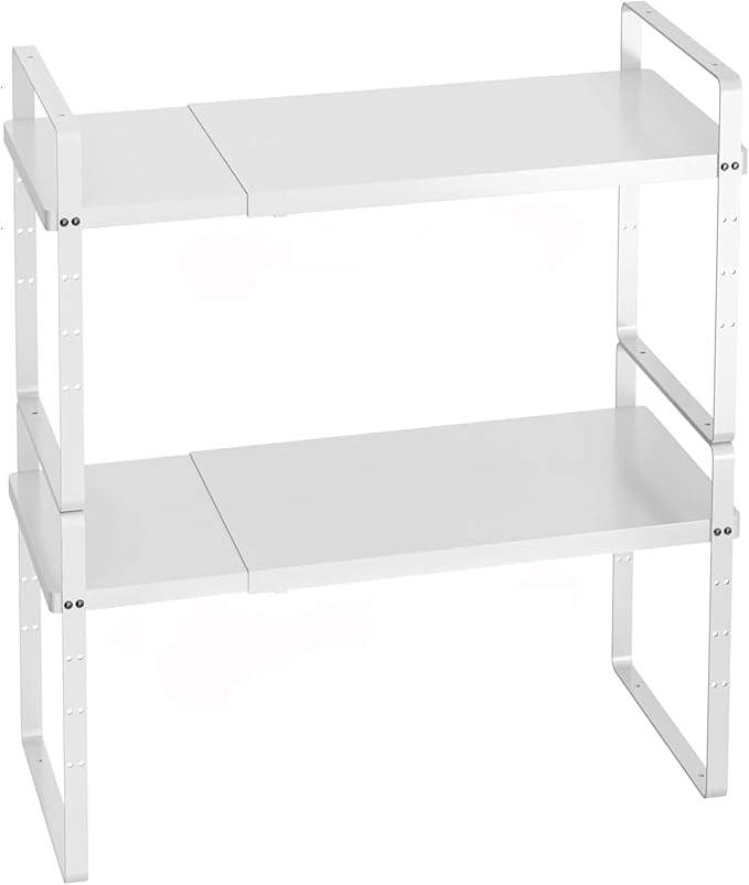 iPEGTOP Expandable Cabinet Storage Shelf Organizer Rack, Heavy Duty Cupboard Stand Spice Rack Adjustable Height Garage Pantry Shelf Space Riser for Counter Kitchen Organization, White, 2 Pack
