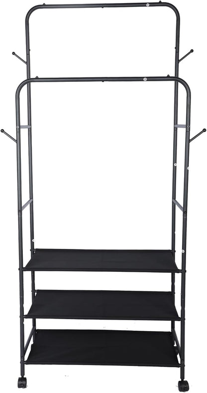 Whitmor Double Rod Clothes Rack: Metal Rolling Clothing Racks for Hanging Clothes, Heavy Duty Garment Rack with 3 Shelves, Portable Clothes Organizer for Bedroom, Laundry, Living Room, Black