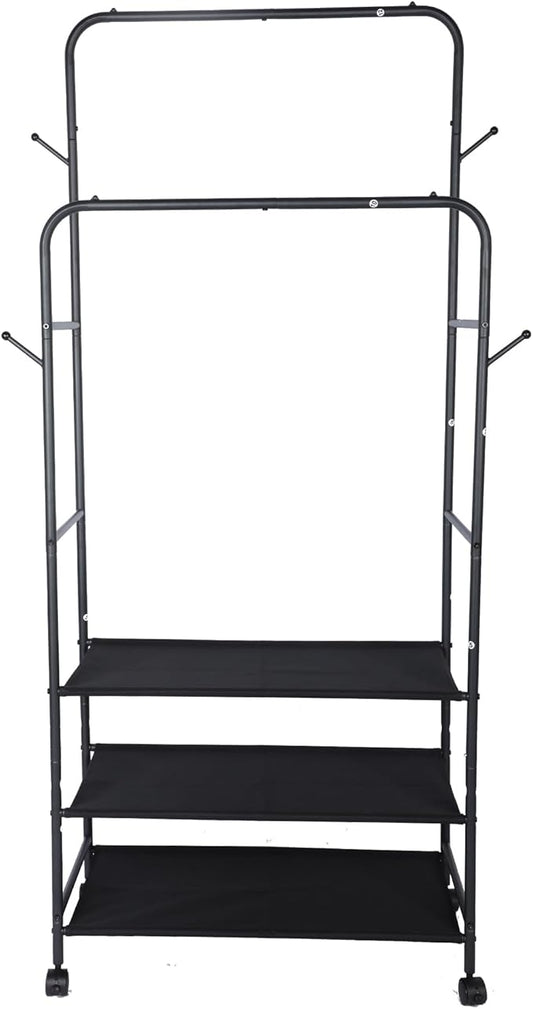 Whitmor Double Rod Clothes Rack: Metal Rolling Clothing Racks for Hanging Clothes, Heavy Duty Garment Rack with 3 Shelves, Portable Clothes Organizer for Bedroom, Laundry, Living Room, Black