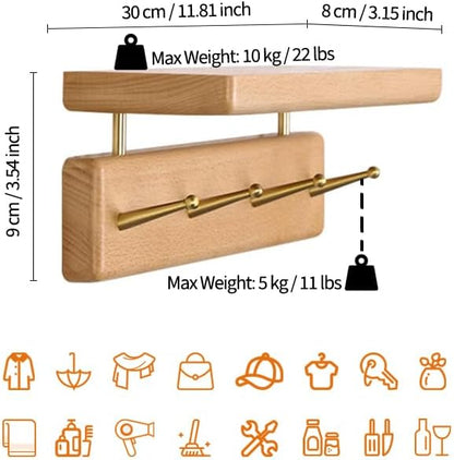 Solid Wood Shelf with Hooks, 12 inch Coat Rack Wall Mount, Shelves with 4 Brass Hooks for Hanging in Entryway, Living Room, Bathroom, Bedroom, Kitchen(Beechwood)