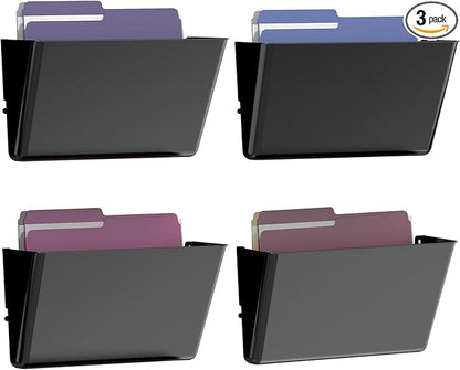Clear Acrylic Single Pocket, Plastic Hanging Wall Mount File Holder for Office Home (Black, 4 Pack)