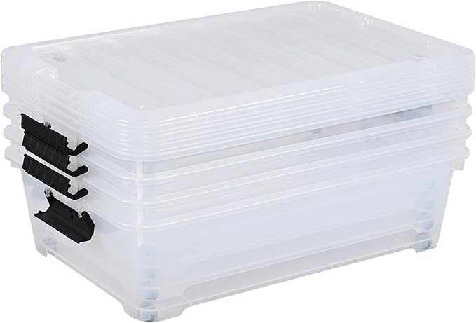 Xyskin 4-Pack Wheeled Underbed Organizer Bins with Latching Lids, 25 Qt Plastic Under Bed Storage Organizer Bin Container, Clear