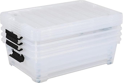 Xyskin 4-Pack Wheeled Underbed Organizer Bins with Latching Lids, 25 Qt Plastic Under Bed Storage Organizer Bin Container, Clear