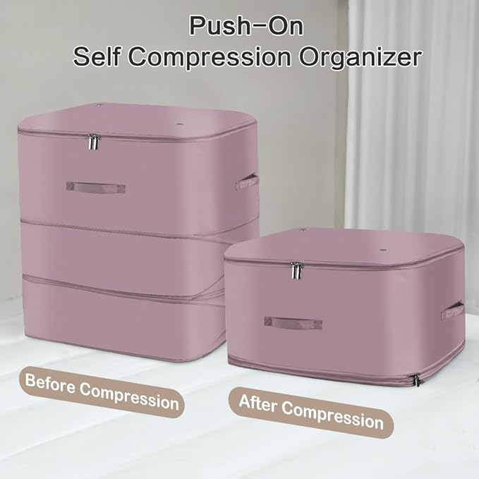 Space Saving Self Compression Organizer,Compression Storage Bags for Bedding and travel,Storage bags for Blankets Duvet Quilts Pillows, Comforter Storage with zippered ventilation holes（pink XL）