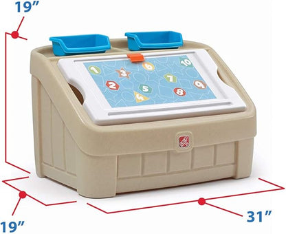 Step2 2-in-1 Toy Box & Art Lid, Kids Toy Storage Bin & Organizer, Easel & Chest in One, Made of Durable Plastic, For Toddlers 2+ Years Old, Tan