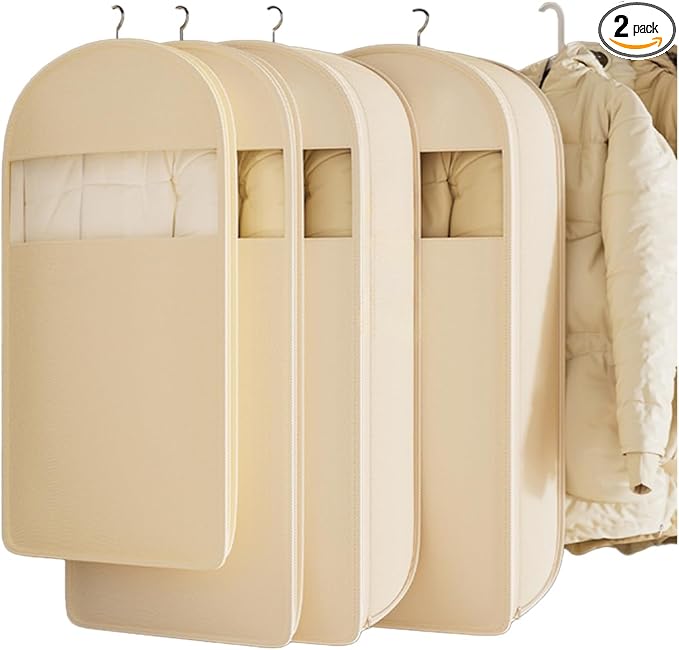 2 Packs Gusseted Garment Bags for Hanging Clothes Suit Bags for Open Closet Storage, Side Clear Clothing Cover for Coat, Dress, Jacket, Shirt, Fur Wardrobe Protector, (ecru, 35 inch)