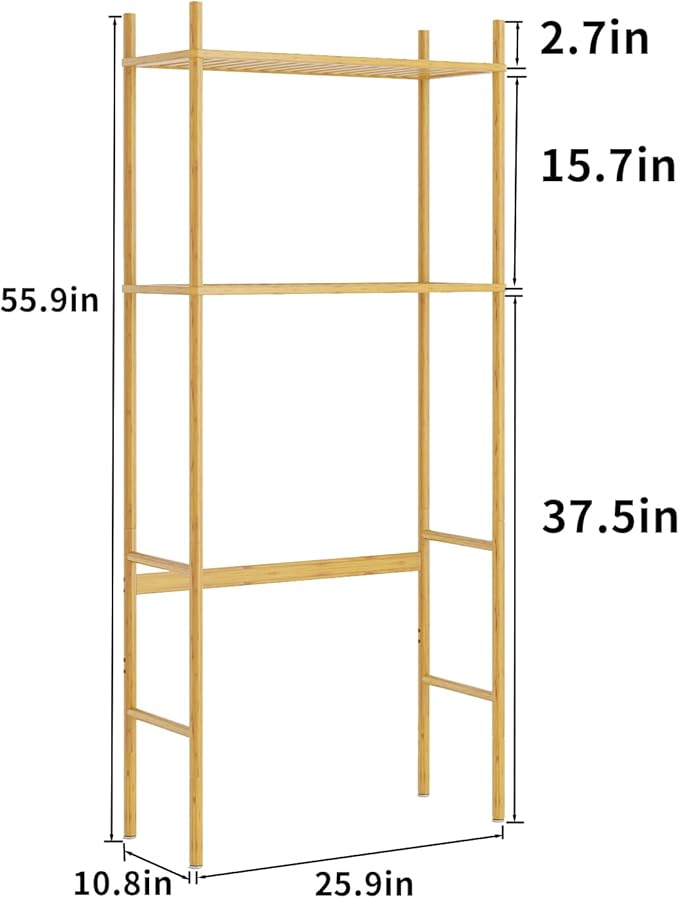 QSN SILK LU 2 Tier Over The Toilet Organizer Rack Bamboo, Freestanding Bathroom Toilet Storage Shelf, Space Saving and Easy to Install, Adjustable Feet, Adjustable Bottom Rod