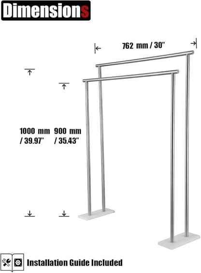 JQK Bath Towel Bar Free Standing Brushed, 30 Inch Stand Double Towel Rack Holder Shelf for Bathroom Floor, Brushed Steel, BTH120L30-WN