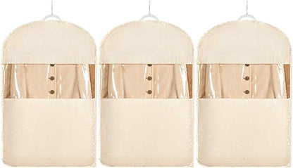 Space Saving Hanging Garment Bag with Self Compression Zipper，Dust Cover Clothes Bags for Down Coat,Dress,Suit，Closet Storage Organizer for Home Travel Use (Beige, Medium)