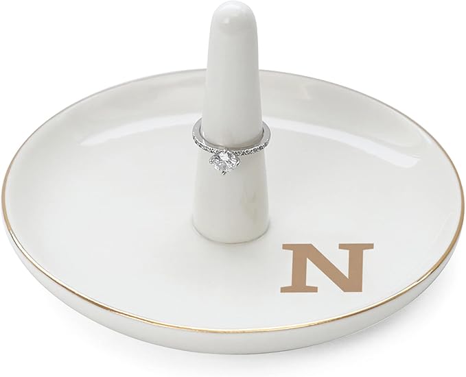 HOME SMILE Initials Ring Holder Jewery Tray with personalized N-Monogrammed Engagement Gifts for Friends,Birthday Mother's Day Christmas Gifts for Women,Ceramic White