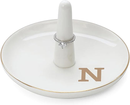 HOME SMILE Initials Ring Holder Jewery Tray with personalized N-Monogrammed Engagement Gifts for Friends,Birthday Mother's Day Christmas Gifts for Women,Ceramic White