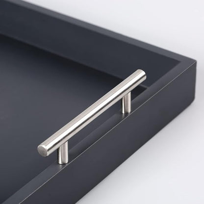 Serving Tray 16.5“X 13“Deluxe Wooden Ottoman Tray for Coffee Table with Polished Silver Metal Handles and 4 Coasters, Living Room Bathroom Coffee Bar Organizer Modern Decorative Black