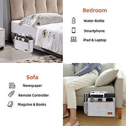 WantuSee Bedside Caddy, Felt Bed Storage Organizer Hanging Bag Holder with 5 Pockets, Magazine Book Phone Tablet iPad Cables Remote and Water Bottle Holder for Home Dorm Bed Sofa, Light Gray