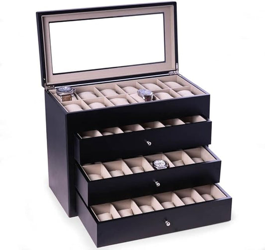 Bey-Berk Stanley 48 Slot Watch Box (Black), Matte Wood Watch Storage Chest with Glass Top, 3 Drawers & Velour-Lined Cushions