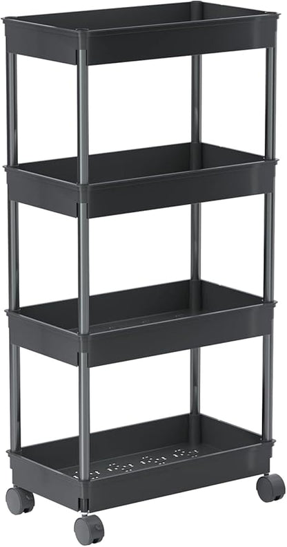 Sooyee 4 Tier Wide Storage Cart Mobile Shelving Unit Organizer Slide Out Storage Rolling Utility Cart Tower Rack for Kitchen Bathroom Laundry, Plastic & Stainless Steel,Black