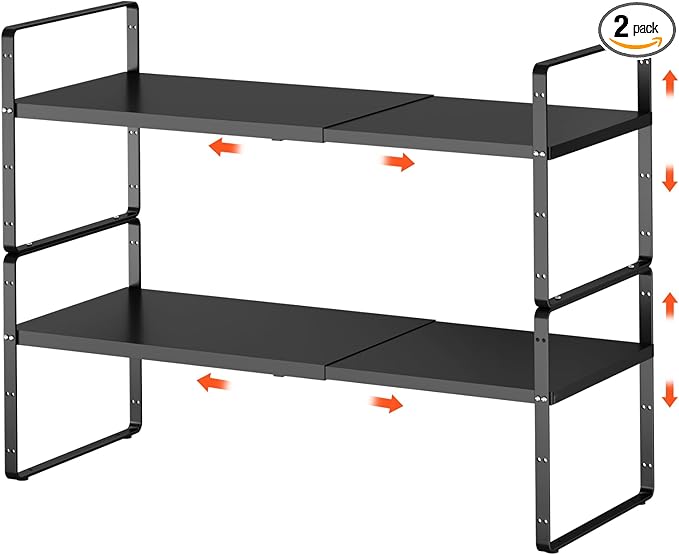 jkxoo 2Pack 16.5-27’’L Expandable Cabinet Shelf Organizers, Stackable Metal Shelves Extender for Kitchen Countertop Storage, Adjustable Spices Shelves Rack Stand for Cupboard Pantry, Black