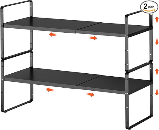 jkxoo 2Pack 16.5-27’’L Expandable Cabinet Shelf Organizers, Stackable Metal Shelves Extender for Kitchen Countertop Storage, Adjustable Spices Shelves Rack Stand for Cupboard Pantry, Black