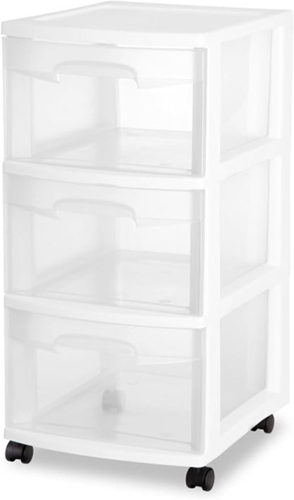 Sterilite 8 Pack Plastic Storage Organizer, 3 Drawer Rolling Bin Cart, Closet Organization, White