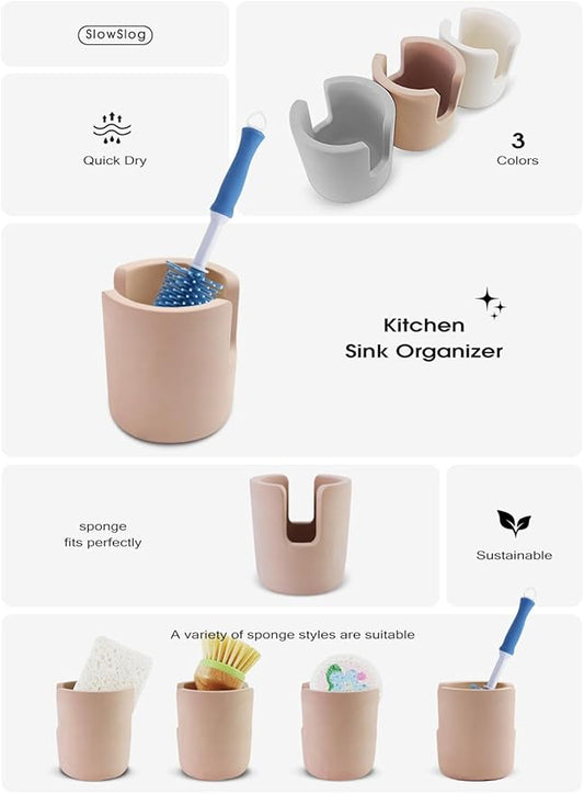 Slow Slog Stone Sponge Holder for Countertop Organizer, Quick Dry Diatomite Sponge Holder, Diatomaceous Earth Sponge Caddy, Absorbent Face Sponge Stand, Large Brown