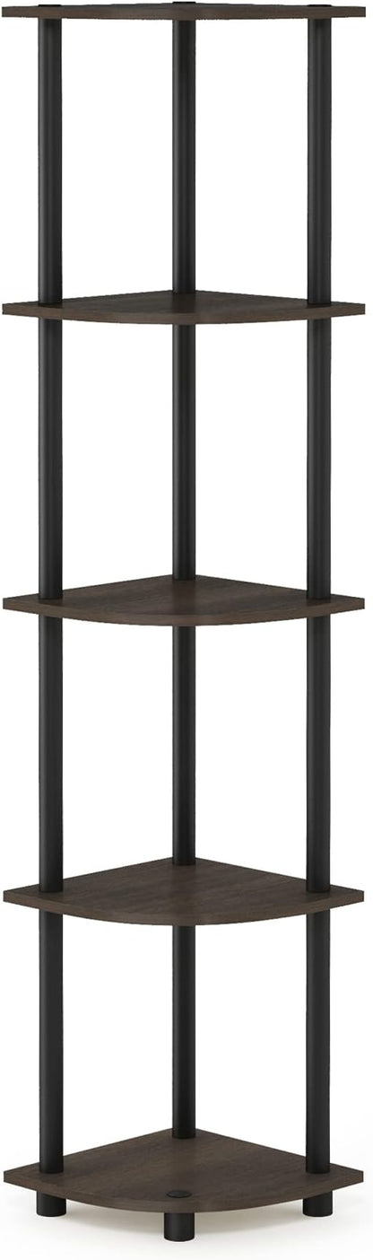 Furinno TURN-N-TUBE Corner Shelf, 5-Tier Corner Bookshelf, Open Storage Shelves, for Organization and Storage, Living Room, Home Office, Garage, Bedroom, Dark Brown Grain