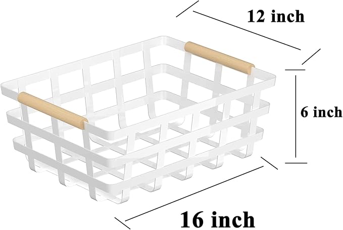 Farmhouse Baskets Wire Storage Baskets, Pantry Organizer Baskets with Wood Handle, Metal Baskets Bins for Kitchen Pantry Shelf Cabinets, White,2 pack