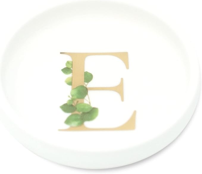 Trinket Tray Jewelry Dish with Monogrammed E in Gold Ring Holder - White Trinket Dish - Personalized Ring Dish or Jewelry Tray - Cedar & Ink (E)