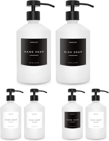Luxury Glass Soap Dispenser Set of 2 - Elegant Aesthetic White Glass Bottles with Modern Matte Black Stainless Steel Pumps, Ideal for Kitchen, Bathroom, Hand Soap, Dish Soap, and More.