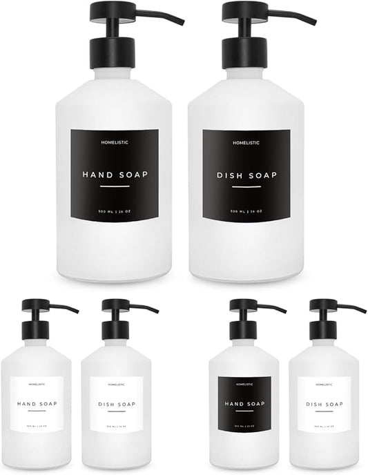 Luxury Glass Soap Dispenser Set of 2 - Elegant Aesthetic White Glass Bottles with Modern Matte Black Stainless Steel Pumps, Ideal for Kitchen, Bathroom, Hand Soap, Dish Soap, and More.