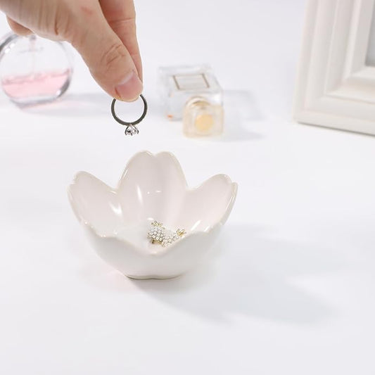 YZMICSTAR Flower Ring Dish Holder,Jewelry Dish Tray,Small Trinket Tray,Jewelry Plate Bowl,Key Bowl,Decorative Plate,Birtdhay Christmas Gifts for Women Friends,Ceramic Kiln effect White
