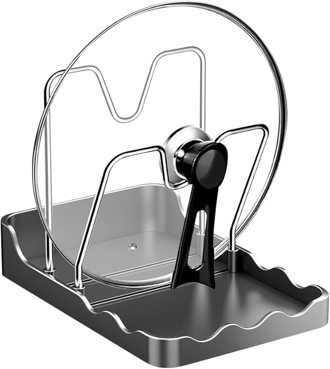 ROWPOZ Kitchen Pot Lid Storage Rack, New Multifunctional Stainless Steel Pot and Pan Organizer with Removable Drip Tray, Lid Holder While Cooking, Lid And Spoon Rest (Gray Double)