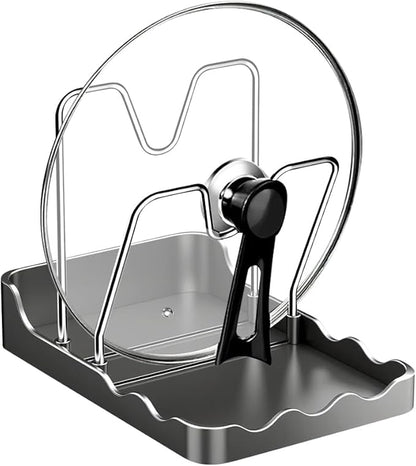 ROWPOZ Kitchen Pot Lid Storage Rack, New Multifunctional Stainless Steel Pot and Pan Organizer with Removable Drip Tray, Lid Holder While Cooking, Lid And Spoon Rest (Gray Double)