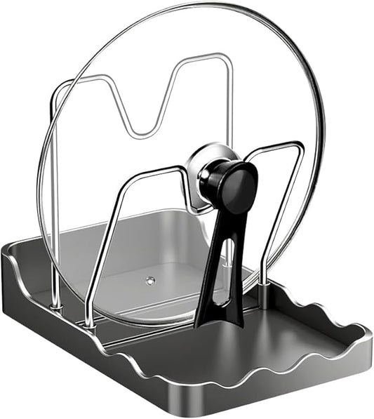 ROWPOZ Kitchen Pot Lid Storage Rack, New Multifunctional Stainless Steel Pot and Pan Organizer with Removable Drip Tray, Lid Holder While Cooking, Lid And Spoon Rest (Gray Double)
