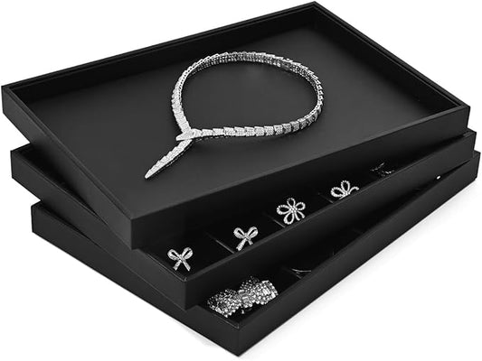 Black PU Leather Jewelry Display Flat Tray Ring Necklace Watch Organizer Display Tray (1 grid)