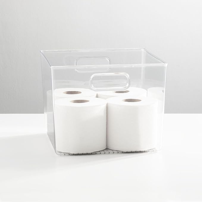 mDesign Plastic Modern Storage Organizer Bin Basket with Handles for Bathroom Organization - Shelf, Cubby, Cabinet, Vanity, and Closet Organizing Decor - Ligne Collection - Clear