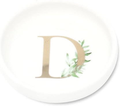 Cedar & Ink Monogrammed Jewelry Tray - Trinket Dish with Gold Ring Holder - Personalized D in White