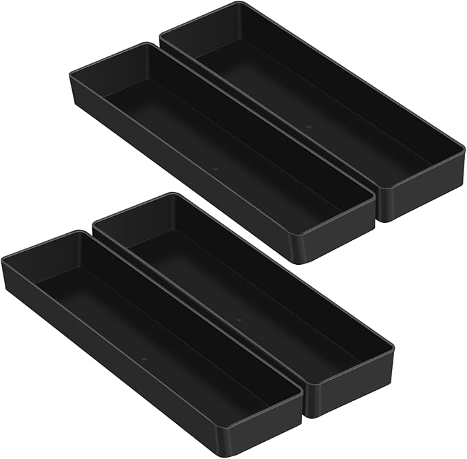 Teling 4 Pcs Large Black Rectangular Desk Organizer Set, Half Accessory Tray, Plastic Tabletop Organizer for Office, Home, or Study, Dimensions: 9.45 x 2.95 x 1.38 Inches