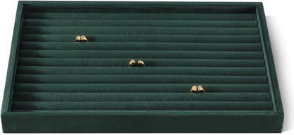 Velvet Ring Display Tray, Stackable Muilt Slot Rings Ear Stud Storage Tray, Drawer Insert Jewelry Accessories Organizers Plate (Green)