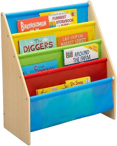Delta Children Sling Book Rack Bookshelf, 4-Tier Wooden Shelf with Soft Fabric Pockets, Ideal for Playroom, Living Room, Basement, or Bedroom
