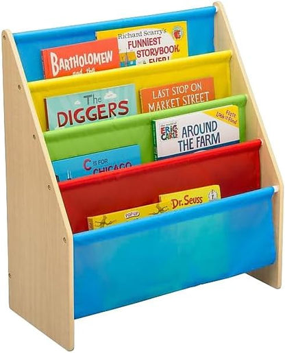 Delta Children Sling Book Rack Bookshelf, 4-Tier Wooden Shelf with Soft Fabric Pockets, Ideal for Playroom, Living Room, Basement, or Bedroom